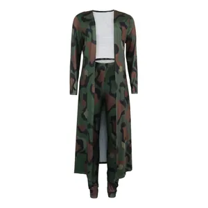 Detailed front view of women's camouflage print three-piece set with long cardigan and leggings