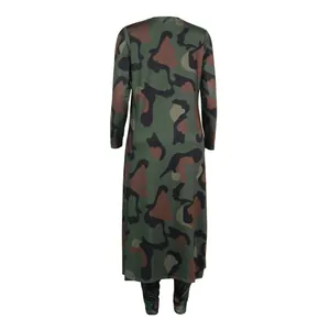 Back view of stylish long-sleeve camouflage print two-piece cardigan and pants set