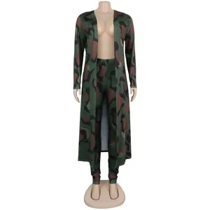 Detailed view of women's camouflage long-sleeve cardigan and leggings two-piece set