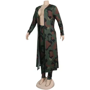 Full view of the camouflage print two-piece duster and leggings set on mannequin.