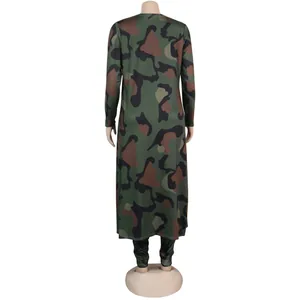 Detailed back view of a long-sleeved camouflage printed two-piece set for women's wear.