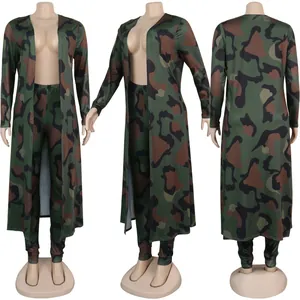 Front side and back views of a sexy camouflage printed cardigan and leggings set.