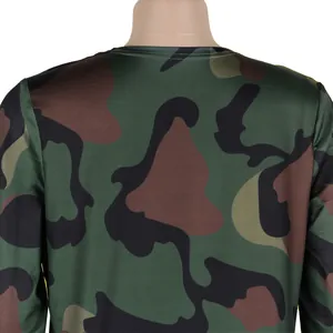Close-up detail of green jungle camouflage print on a long-sleeved cardigan neckline