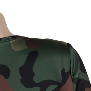 Close-up of camouflage print long sleeve clubwear showing shoulder stitching detail