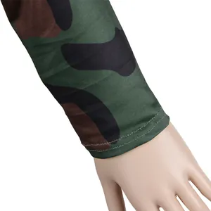 Close-up of camo print long sleeve cuff detail with durable double-needle stitching