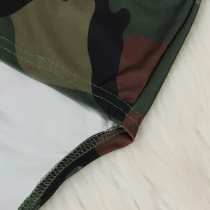 Detailed macro view showing the precise double-needle stitching on camouflage print fabric