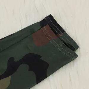 Close-up of double-stitched cuff detail on camouflage long-sleeve cardigan.