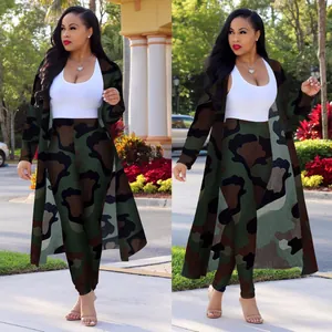 Sexy camouflage print long sleeve cardigan and matching pants two-piece set for women