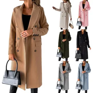 Elegante abrigo largo de lana de doble botonadura para mujer en varios colores de moda