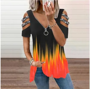 Detail view of women's V-neck T-shirt with zipper, rhinestones and flame print