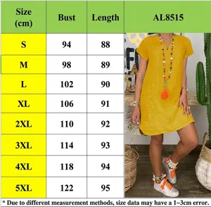 Robe d'été ample à col en V en coton et lin pour femmes avec tableau des tailles jaune