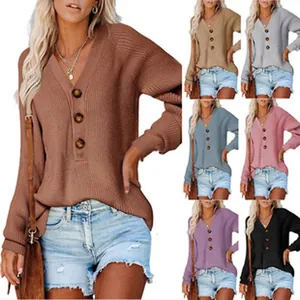 Women's V-neck long sleeve knit sweater with buttons in multiple color options
