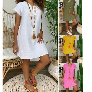 Robe d'Été Ample pour Femmes Couleur Unie Manches Courtes Col en V Polyester Décontracté Bohème Robe Midi Grande Taille Tenue de Plage