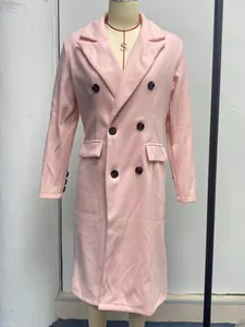 Detailed front view of a elegant pink double-breasted woolen coat on a white mannequin