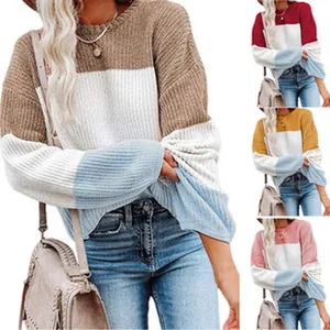 Cozy women's color-block knitted crew neck sweater showing multiple color variants for fall