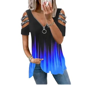 Women's V-neck zipper T-shirt with gradient print and cold shoulder rhinestones.