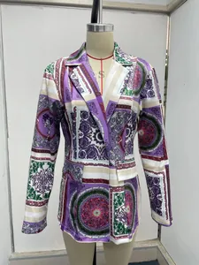 Elegant purple baroque floral print blazer for women displayed on dress form