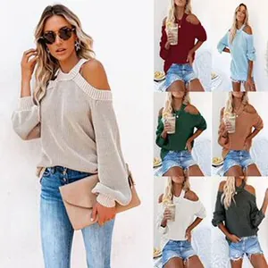 Collage of women's cold shoulder knit sweaters in various colors like beige and red.