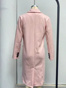 Back view detail of elegant pink long-sleeved wool coat for women in solid color