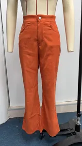 Front view of women's orange high-waisted corduroy flare pants displayed on a mannequin