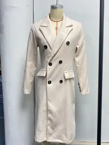 Front view of a long cream wool coat with black double-breasted buttons on a mannequin