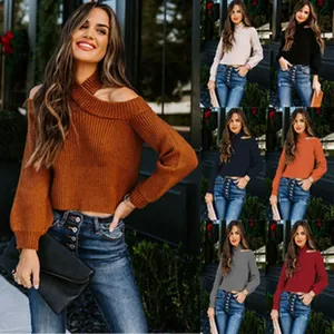 Detail view of multiple colors for this women's off-the-shoulder ribbed knit sweater.