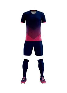 Detail view of quick-dry soccer jersey set with navy blue and pink gradient design.