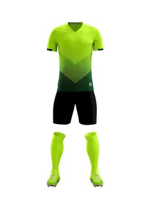 Full set view of lime green gradient soccer jersey, black shorts, and matching socks.