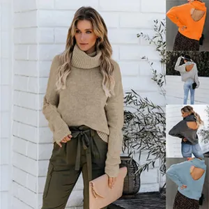 Backless turtleneck knit sweater in multiple colors for women's autumn winter fashion