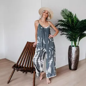 Mono bohemio tie-dye con tirantes finos y pernera ancha para mujer, estilo verano