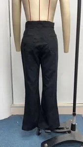 Detailed back view of women's black high-waisted corduroy micro-flare casual pants