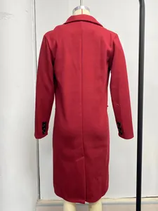 Back view of elegant red long wool coat showing slim fit and cuff button details
