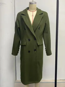 Detail view of olive green double-breasted long wool coat on mannequin