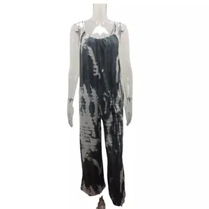 Elegante mono tie-dye sin mangas de pierna ancha para mujer con tirantes de espagueti