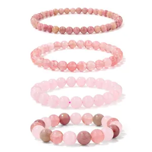 Natural Rose Quartz Red Wood Grain Stone Beaded Bracelet Set For Women Healing Crystal Stretch Bracelet Fashion Jewelry