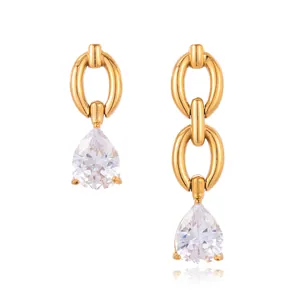 Elegant asymmetrical gold-plated stainless steel teardrop zircon earrings for women