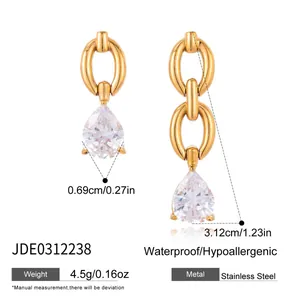Detailed size and weight specs for gold stainless steel pear-cut zirconia earrings.