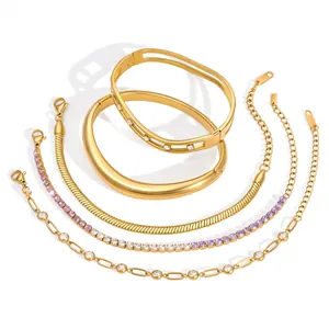 Elegant 18k gold plated stainless steel bracelet and bangle jewelry set for women