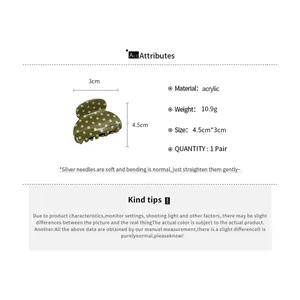 Detailed specifications of the olive green polka dot acrylic hair claw clip with measurements