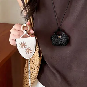 Vintage Leather Eyeglass Holder Necklace For Women Shield Sun Embroidery Pendant Handmade Woven Bag Style Sweater Chain Jewelry