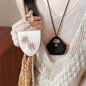 Minimalist vintage leather pendant necklace and glasses holder, chic sweater chain