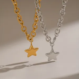 Stainless Steel Pentagram Pendant Necklace For Women Chunky Chain PVD 18K Gold Silver Plated Fashion Jewelry Star Necklaces