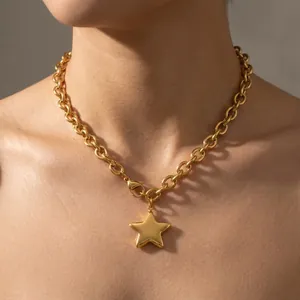 Elegant 18K gold plated stainless steel chunky chain necklace with star pendant for women