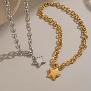 Detailed close-up of stainless steel star pendant necklaces in gold and silver finishes