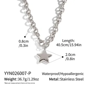 Detailed view of silver star pendant necklace with chain dimensions and material specs.