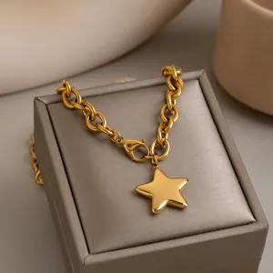 Close-up detail of a 18K gold plated stainless steel star pendant necklace on box