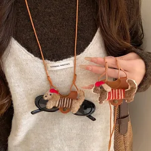 Sweet flocked puppy dog glasses holder necklace with brown leather cord for women
