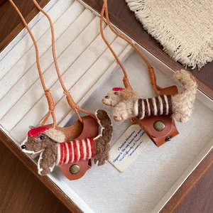 Cute handmade felt puppy pendant necklace with adjustable leather cord and holder