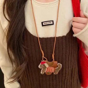 Sweet flocked puppy eyeglass holder necklace with brown leather cord for daily wear