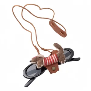 Cute flocked dachshund glasses holder clip with brown leather cord necklace accessory
